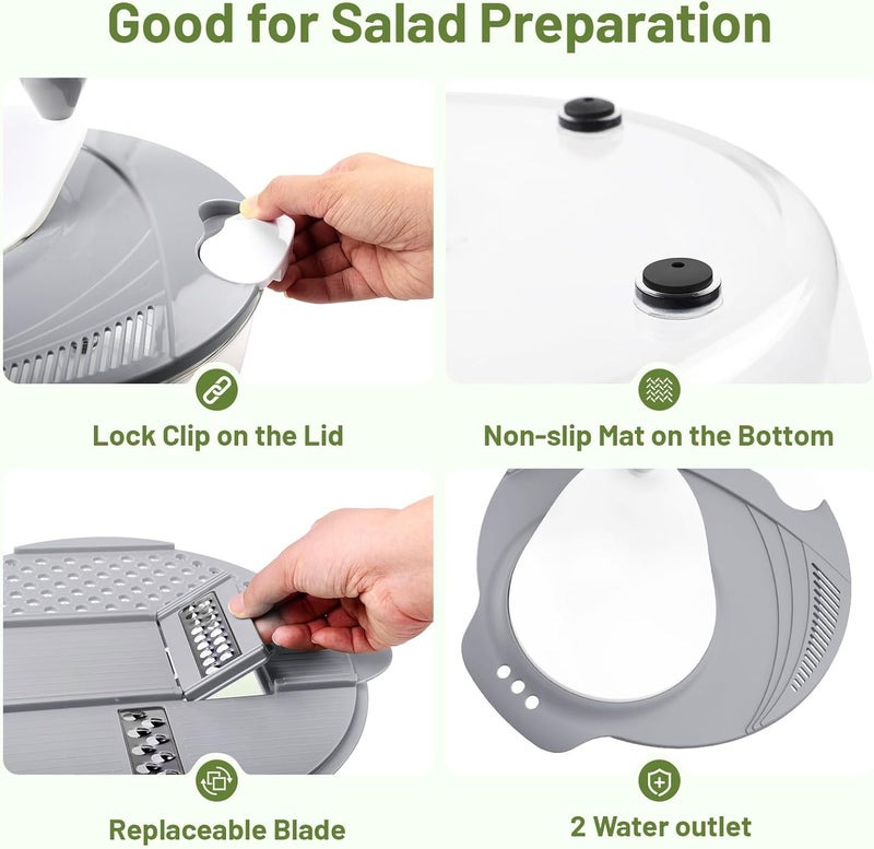 SmartTrends Salad Spinner, 5.3 QT Lettuce Spinner with Strainer, Fruit Cleaner with 4 Replaceable Blade for Shredding, Slicing and Pureeing, Salad Washer & Dryer for Quick Washing (Grey) - Image 4